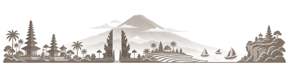 A decorative skyline motif featuring temples, landscapes and landmarks from Bali