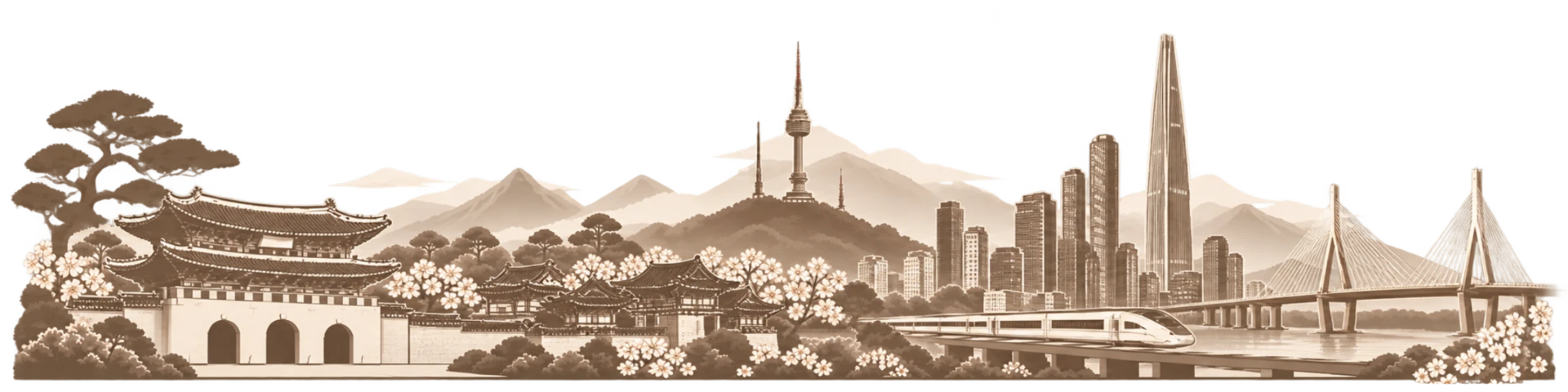 Illustrated Seoul panorama with traditional palaces, Namsan Tower, modern skyscrapers and a river bridge