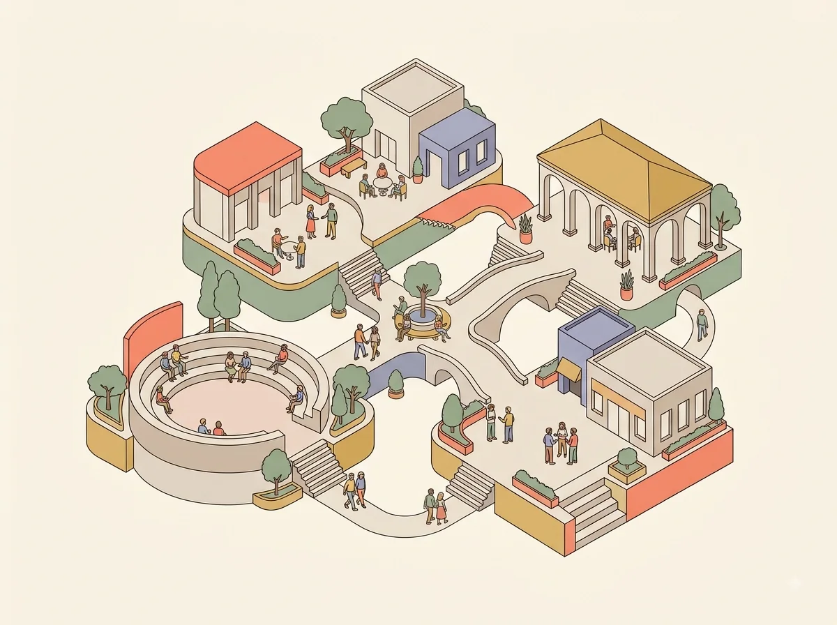 An illustrated public square where people gather across connected community spaces